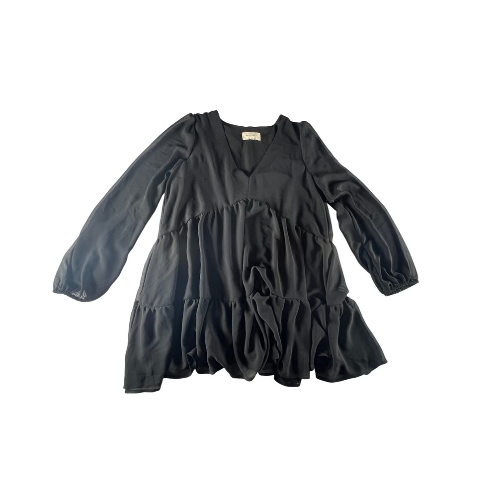 MELLODAY Black V Neck‎ Babydoll Tiered Ruffle Long Sleeve Mini Dress XS